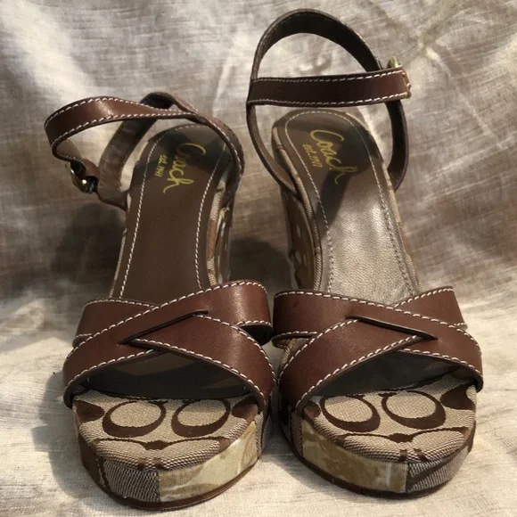 Very Rare!!! Coach Alina Patchwork & Brown Leather Wedge Sandals - Picture 4 of 12